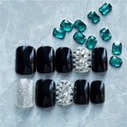 Press-On Nail Set Glue-On Black Gemstone Accents