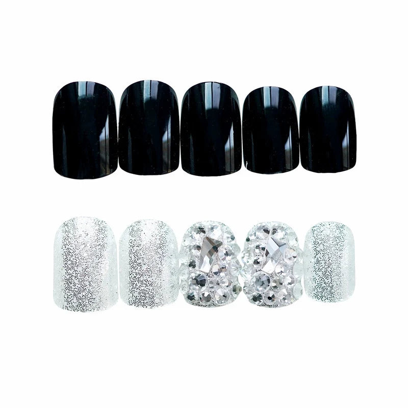 Press-On Nail Set Glue-On Black Gemstone Accents