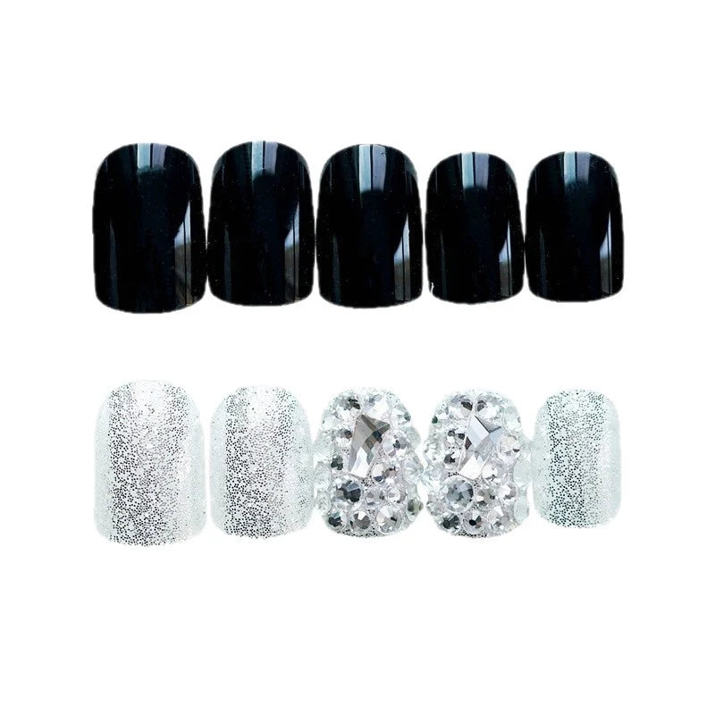 Press-On Nail Set Glue-On Black Gemstone Accents