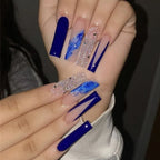 Press-On Nail Set Glue-On Blue Marble Glitter Reusable