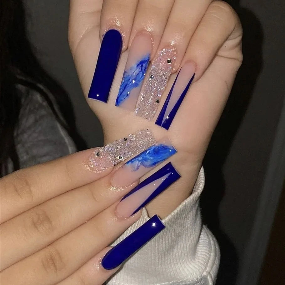 Press-On Nail Set Glue-On Blue Marble Glitter Reusable
