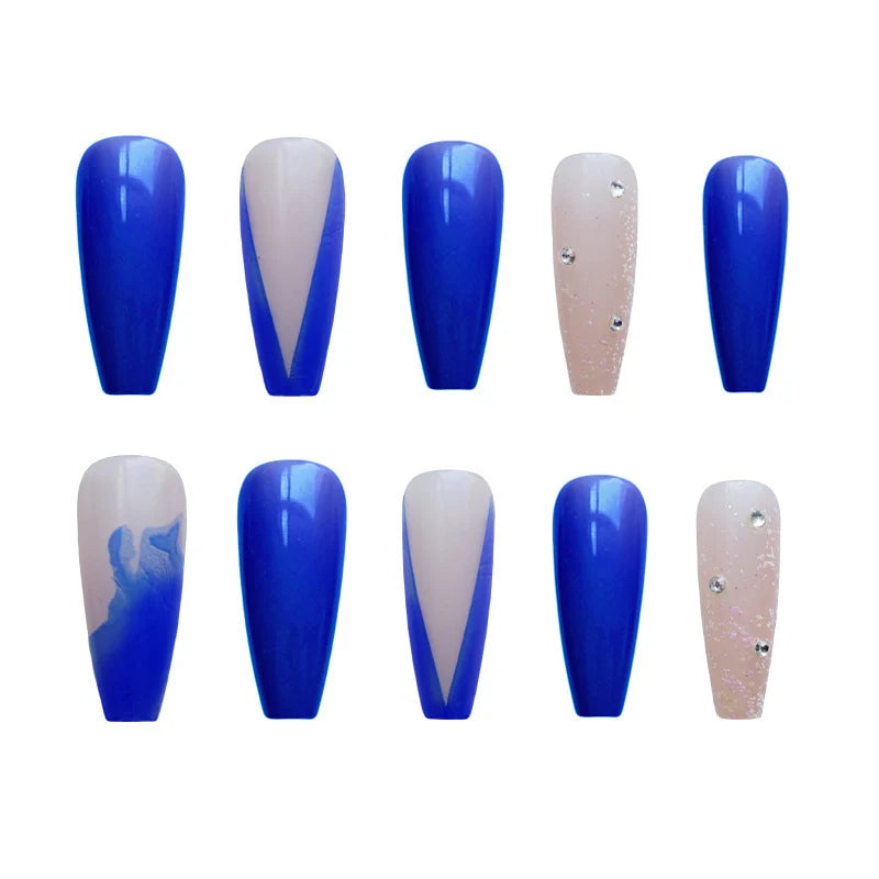 Press-On Nail Set Glue-On Blue Marble Glitter Reusable