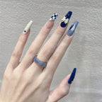 Press-On Nail Set Glue-On Blue Plaid & Floral