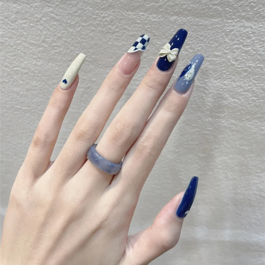 Press-On Nail Set Glue-On Blue Plaid & Floral