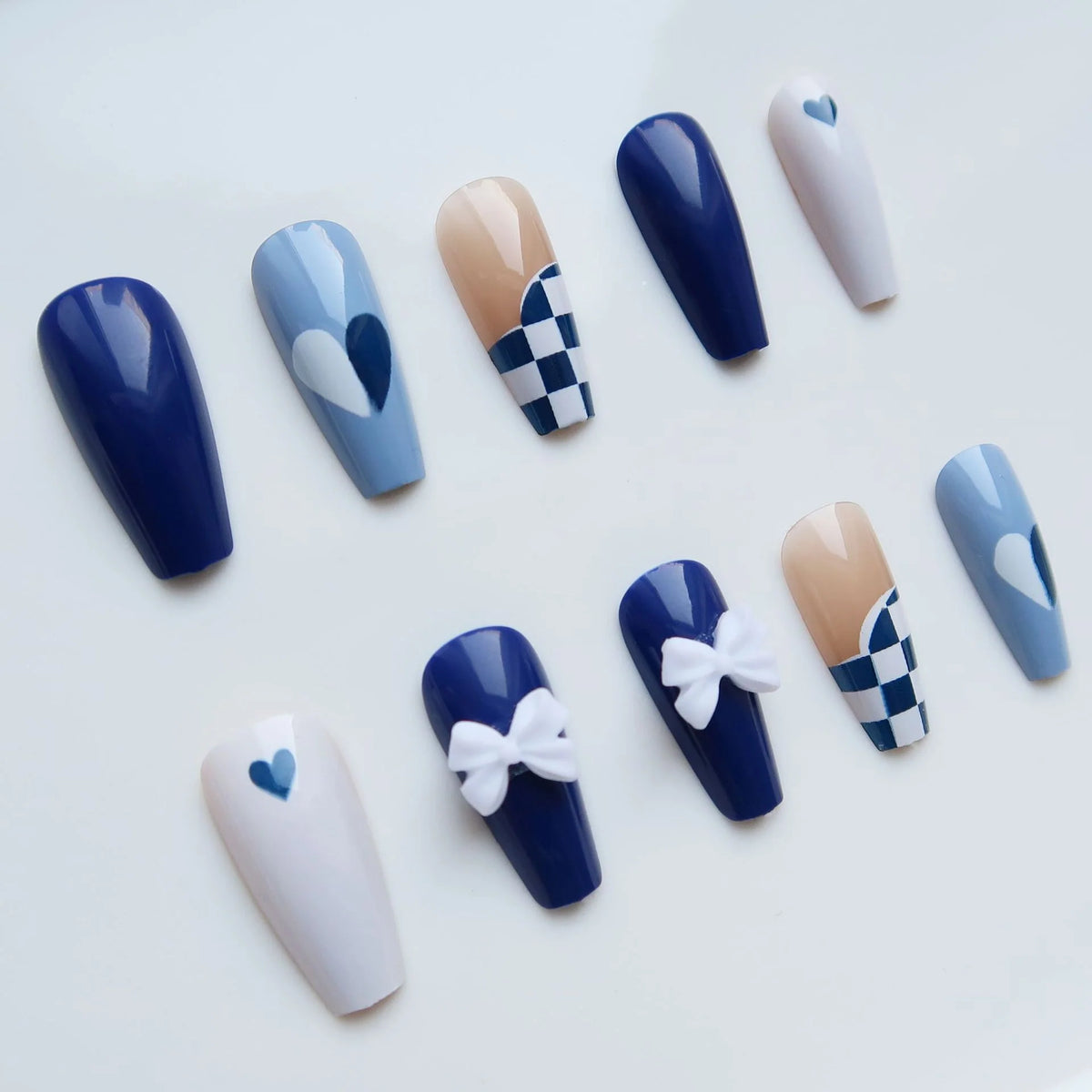 Press-On Nail Set Glue-On Blue Plaid & Floral
