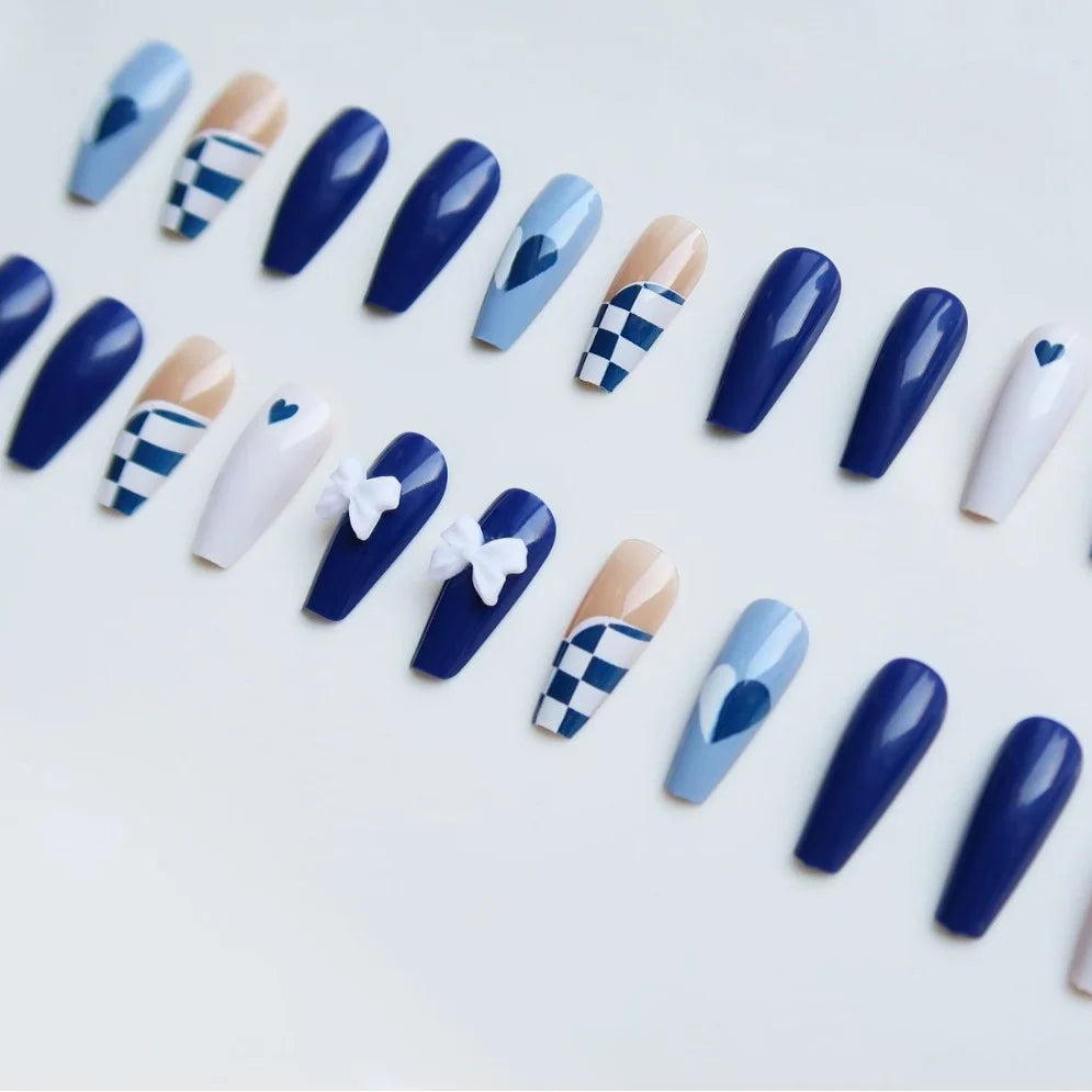 Press-On Nail Set Glue-On Blue Plaid & Floral