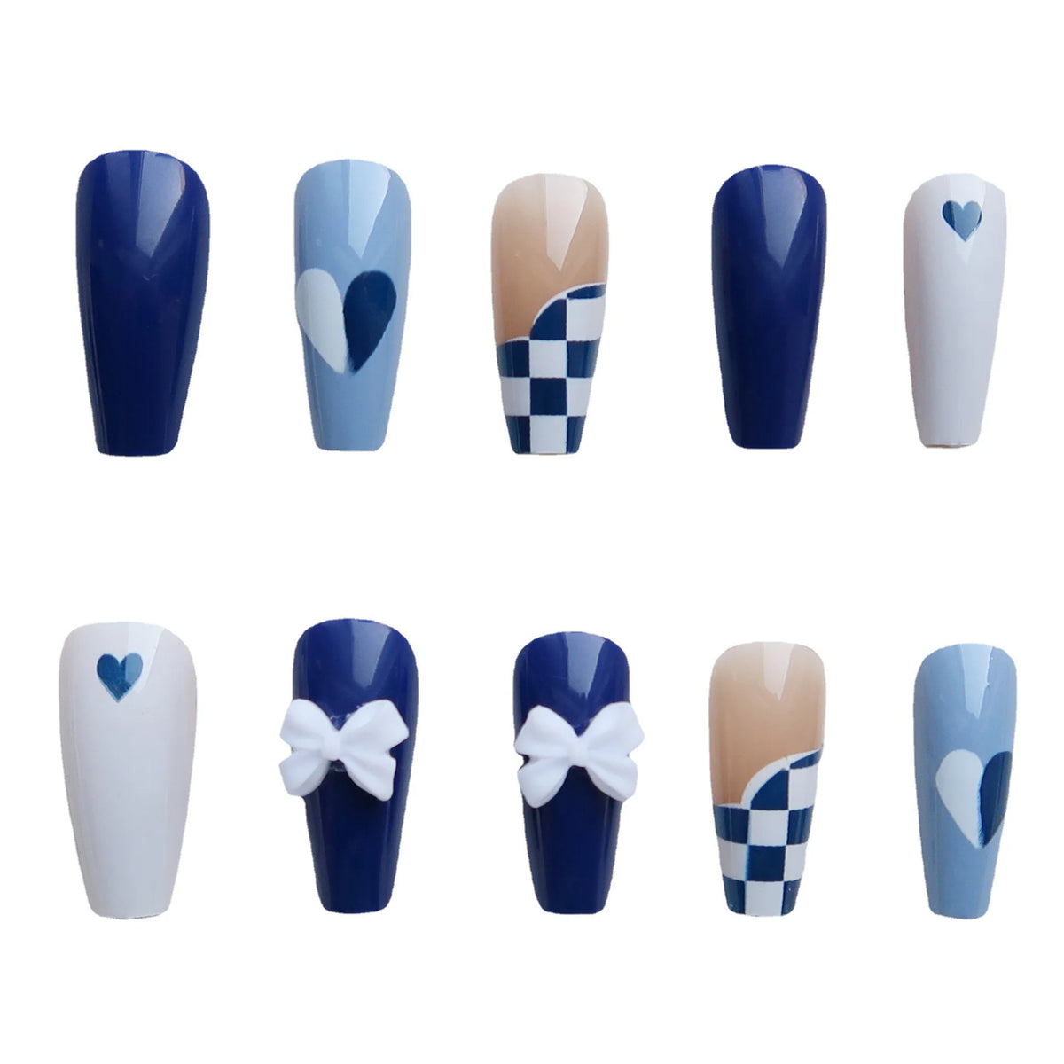 Press-On Nail Set Glue-On Blue Plaid & Floral
