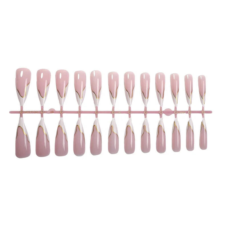 Press-On Nail Set Glue-On Delicate Pink Gold Trim