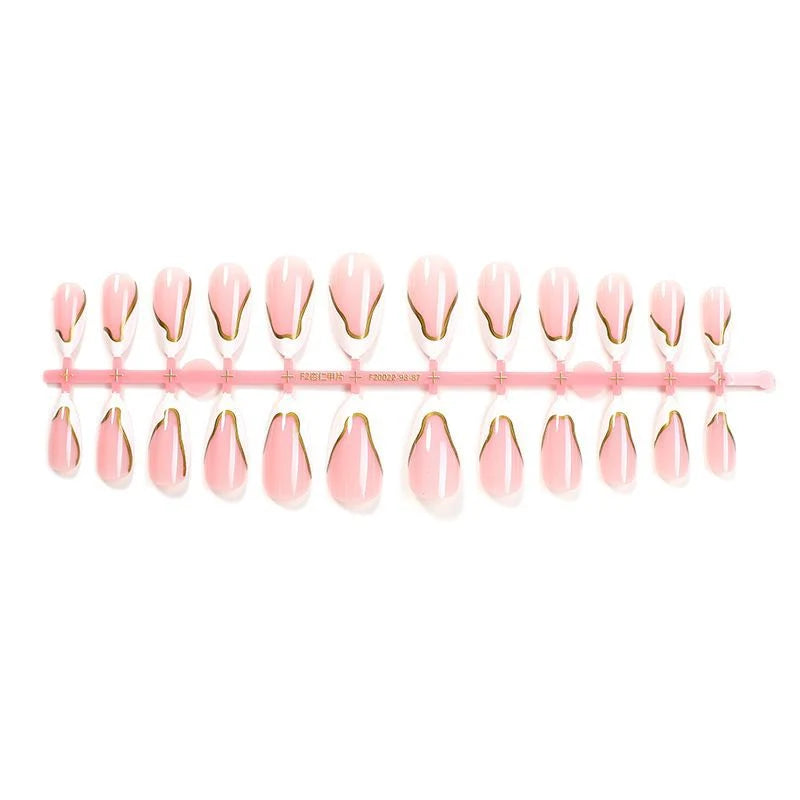 Press-On Nail Set Glue-On Delicate Pink Gold Trim