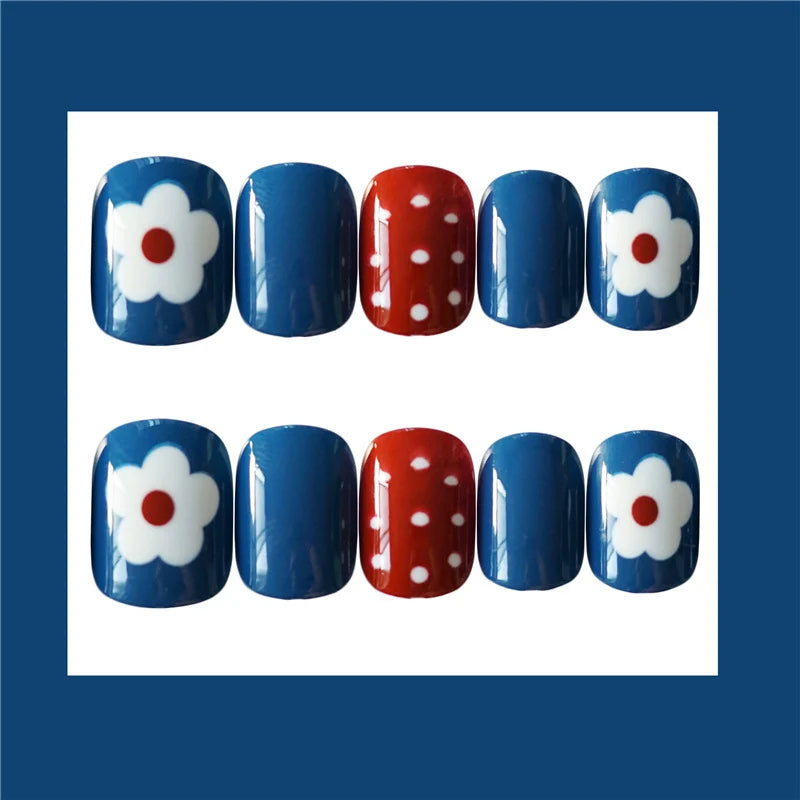 Press-On Nail Set Glue-On Floral & Polka Dot High-Gloss