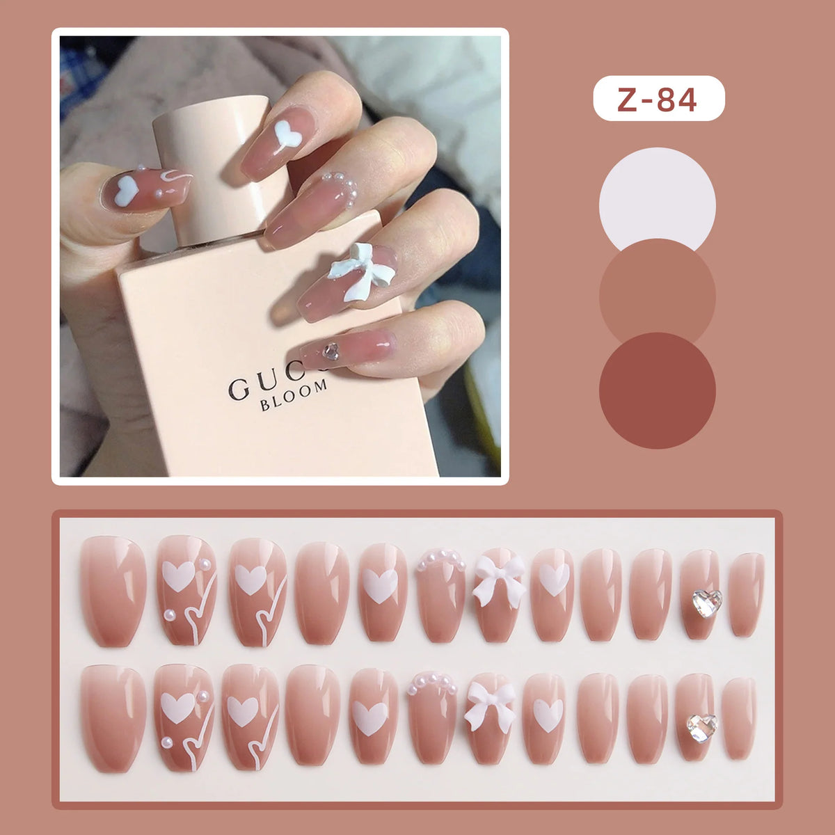 Press-On Nail Set Glue-On Hearts & Floral