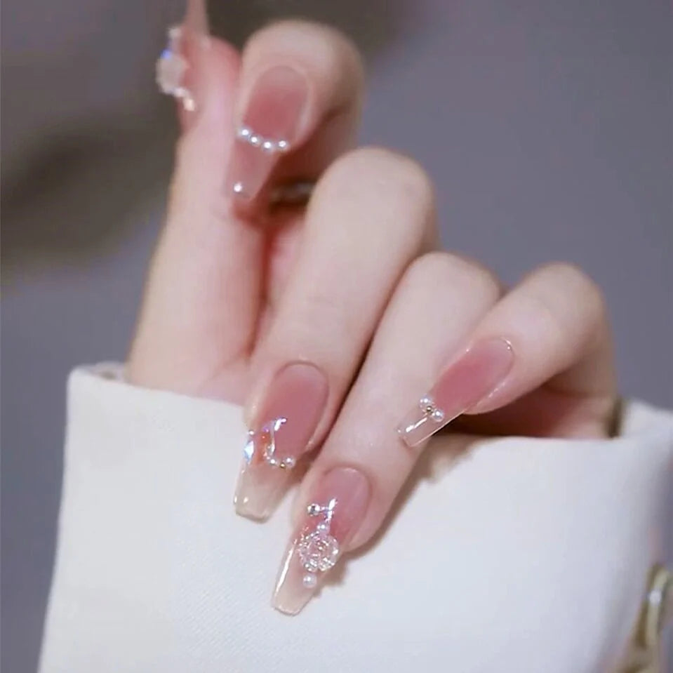 Press-On Nail Set Glue-On Rhinestone Accents Non-Toxic