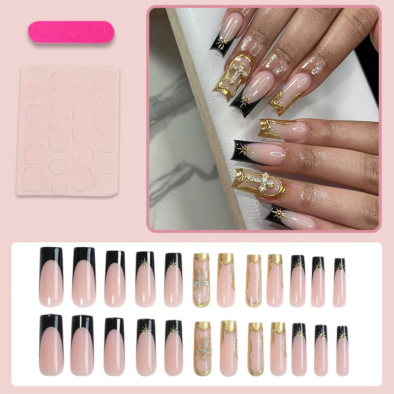 Press-On Nail Set Gold Accent Glue Included & Reusable