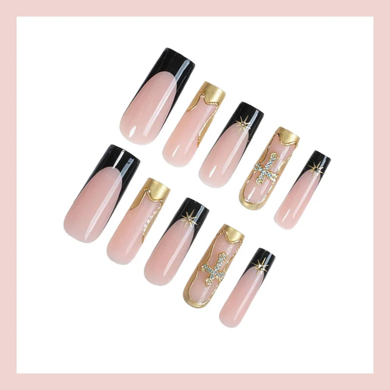 Press-On Nail Set Gold Accent Glue Included & Reusable