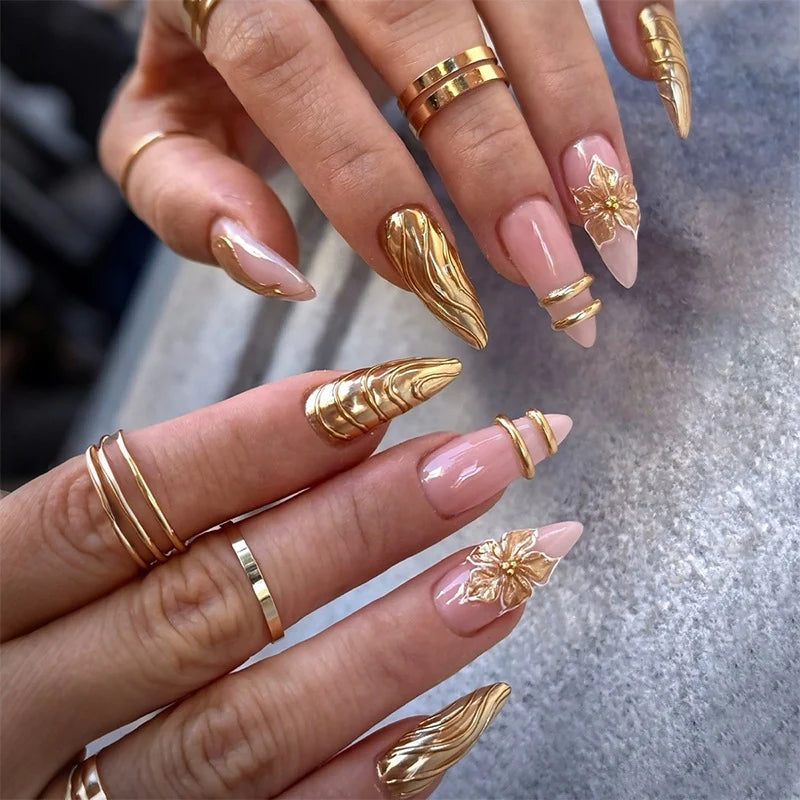 Press-On Nail Set Gold-Accent Multiple Sizes & Adhesive