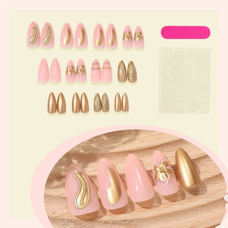Press-On Nail Set Gold-Accent Multiple Sizes & Adhesive