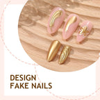 Press-On Nail Set Gold-Accent Multiple Sizes & Adhesive