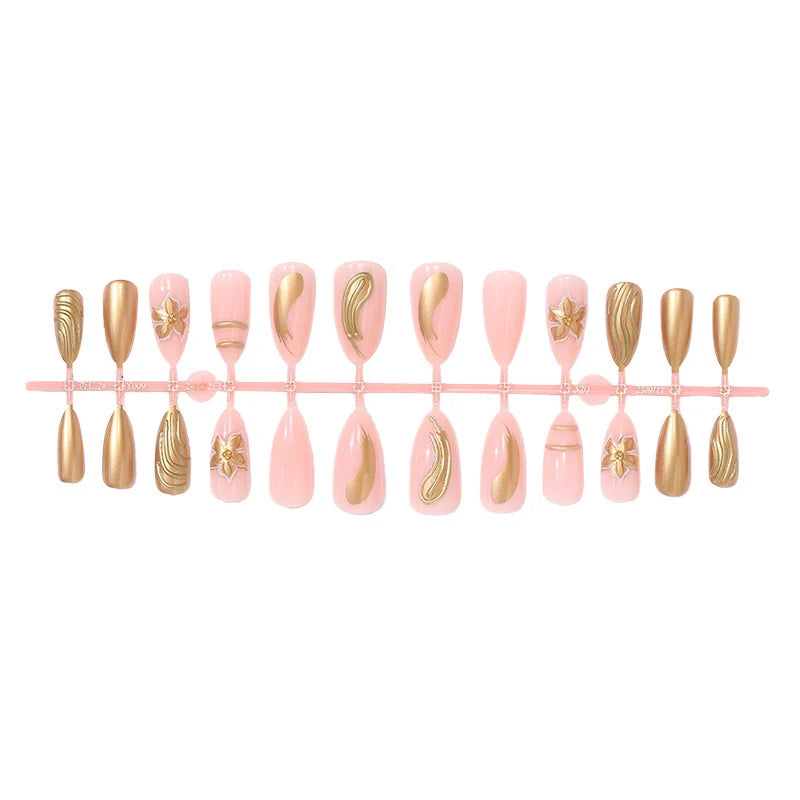 Press-On Nail Set Gold-Accent Multiple Sizes & Adhesive