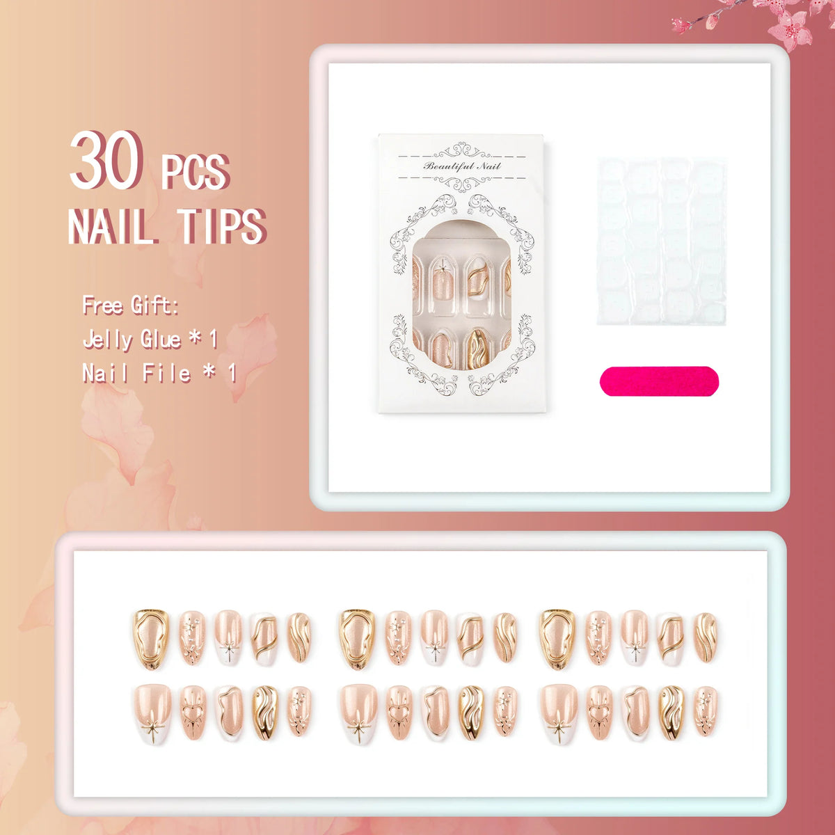 Press-On Nail Set Gold Accent Peel-and-Stick