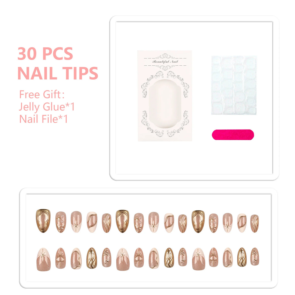 Press-On Nail Set Gold-Accent Self-Adhesive