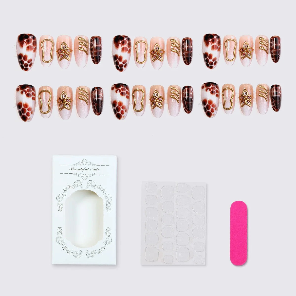 Press-On Nail Set Gold Accent with Glue & Stickers