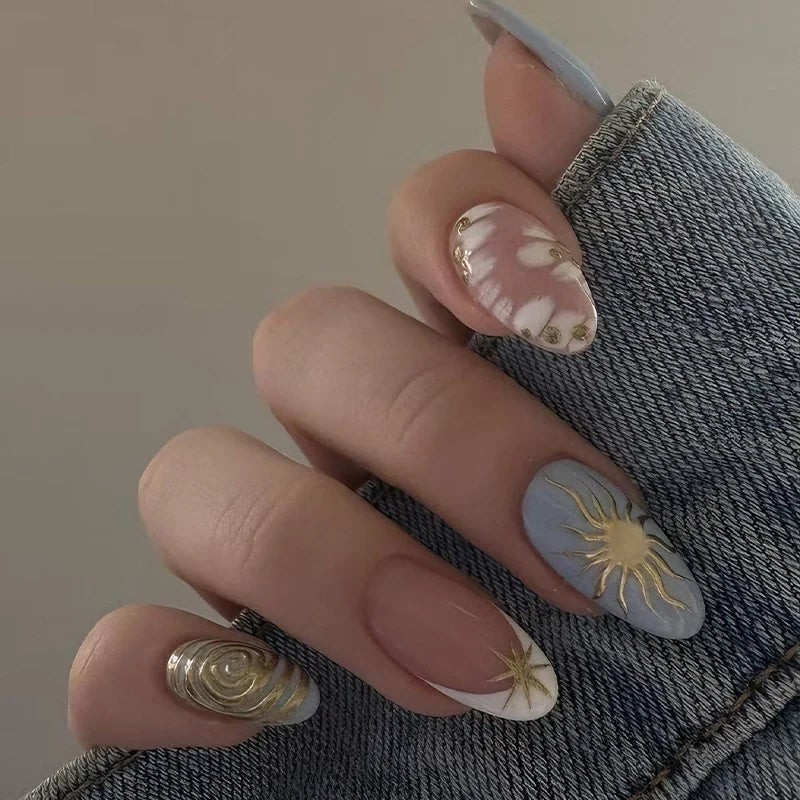 Press-On Nail Set Gold Accents Easy Application