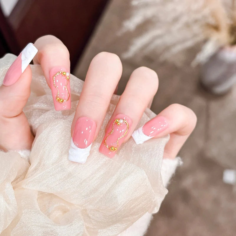 Press-On Nail Set Gold Accents Peel-And-Stick