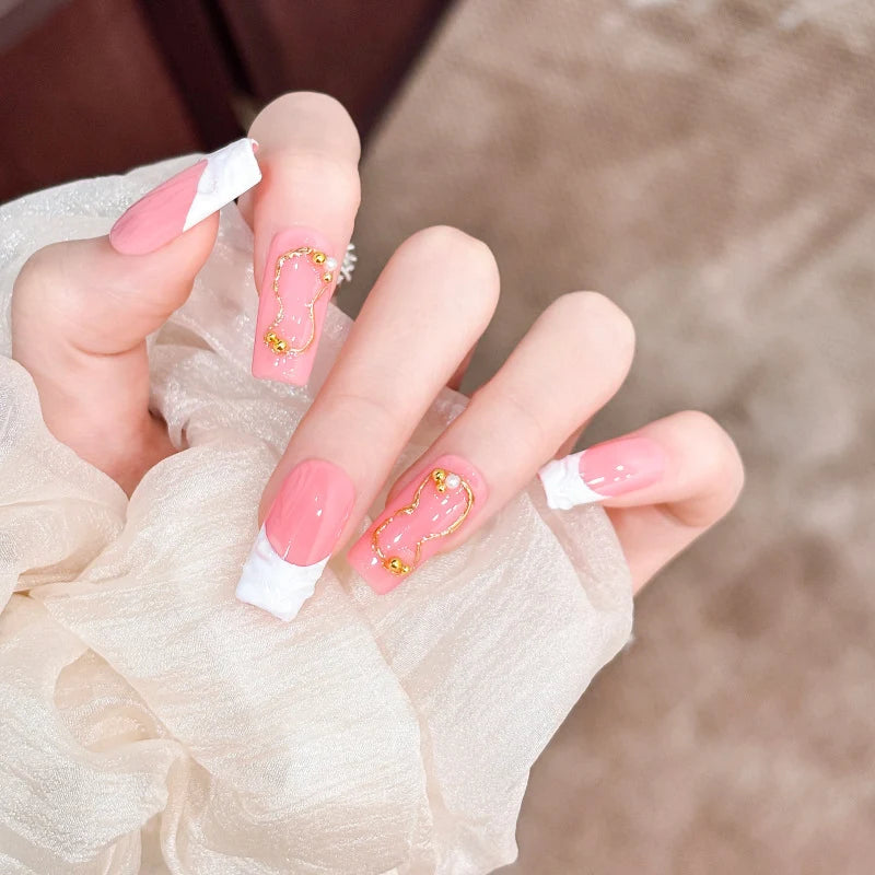 Press-On Nail Set Gold Accents Peel-And-Stick