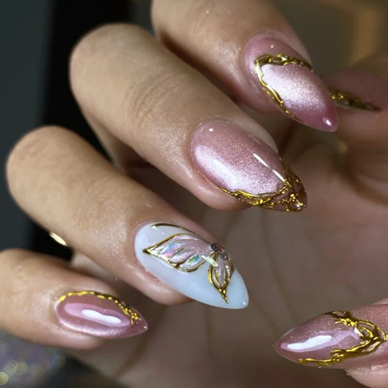 Press-On Nail Set Gold Accents Self-Adhesive & Multiple Sizes