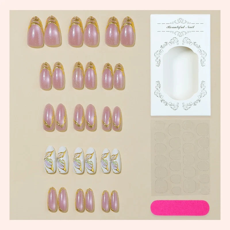 Press-On Nail Set Gold Accents Self-Adhesive & Multiple Sizes