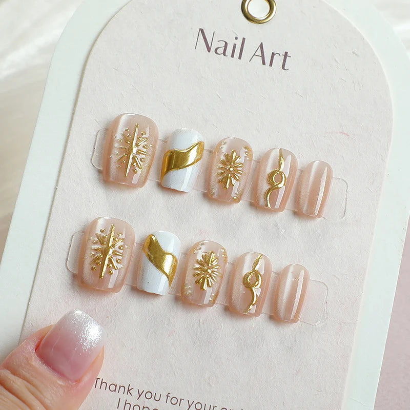 Press-On Nail Set Gold-Embellished Easy Application & Removal
