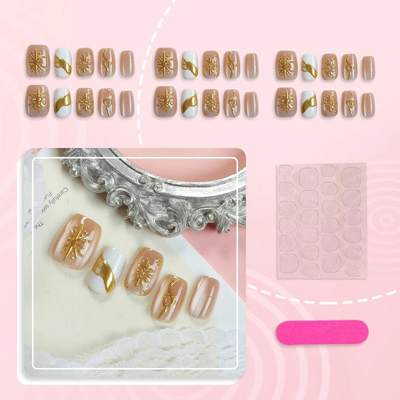 Press-On Nail Set Gold-Embellished Easy Application & Removal