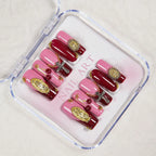 Press-On Nail Set Gold Embellishments Pink & Burgundy