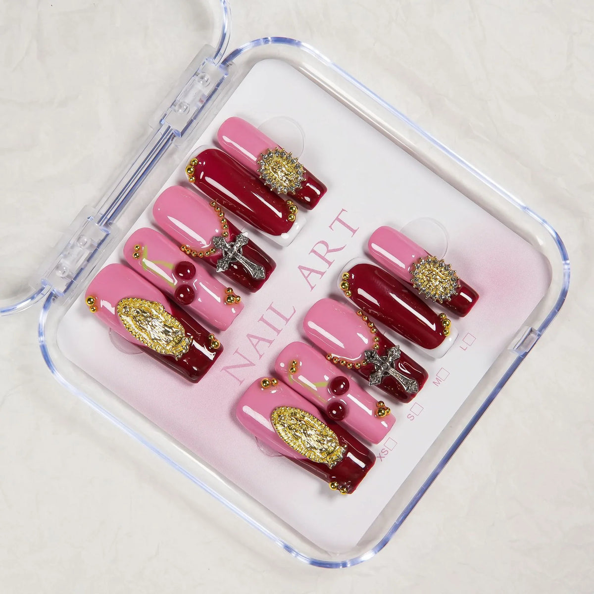 Press-On Nail Set Gold Embellishments Pink & Burgundy