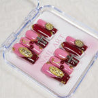 Press-On Nail Set Gold Embellishments Pink & Burgundy