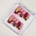 Press-On Nail Set Gold Embellishments Pink & Burgundy