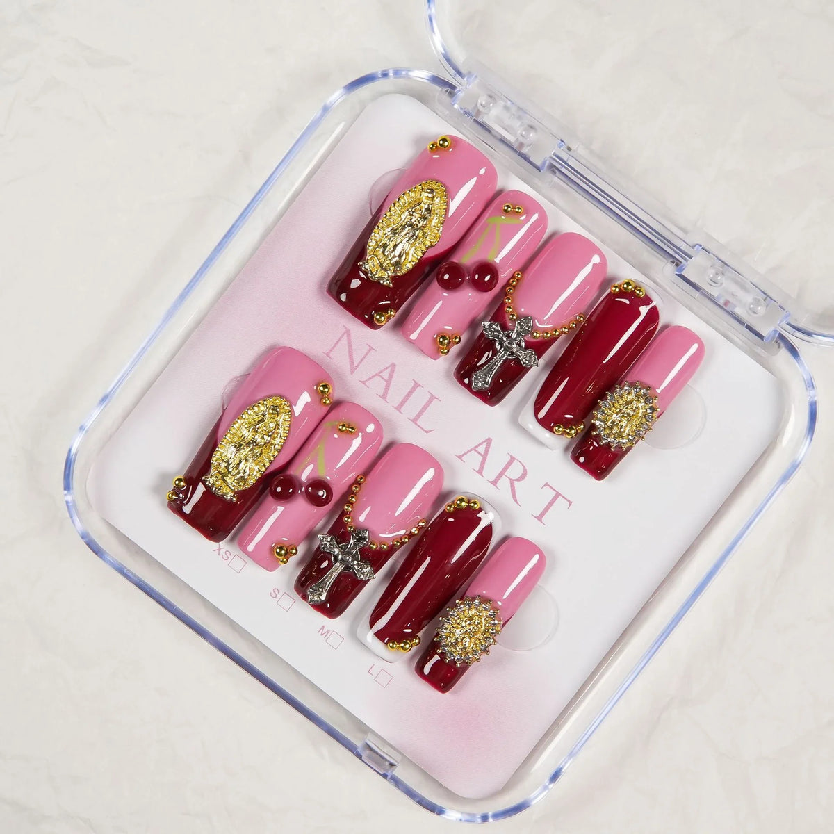 Press-On Nail Set Gold Embellishments Pink & Burgundy