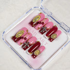 Press-On Nail Set Gold Embellishments Pink & Burgundy
