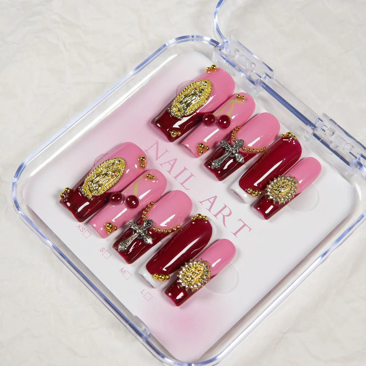 Press-On Nail Set Gold Embellishments Pink & Burgundy