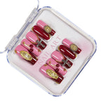 Press-On Nail Set Gold Embellishments Pink & Burgundy