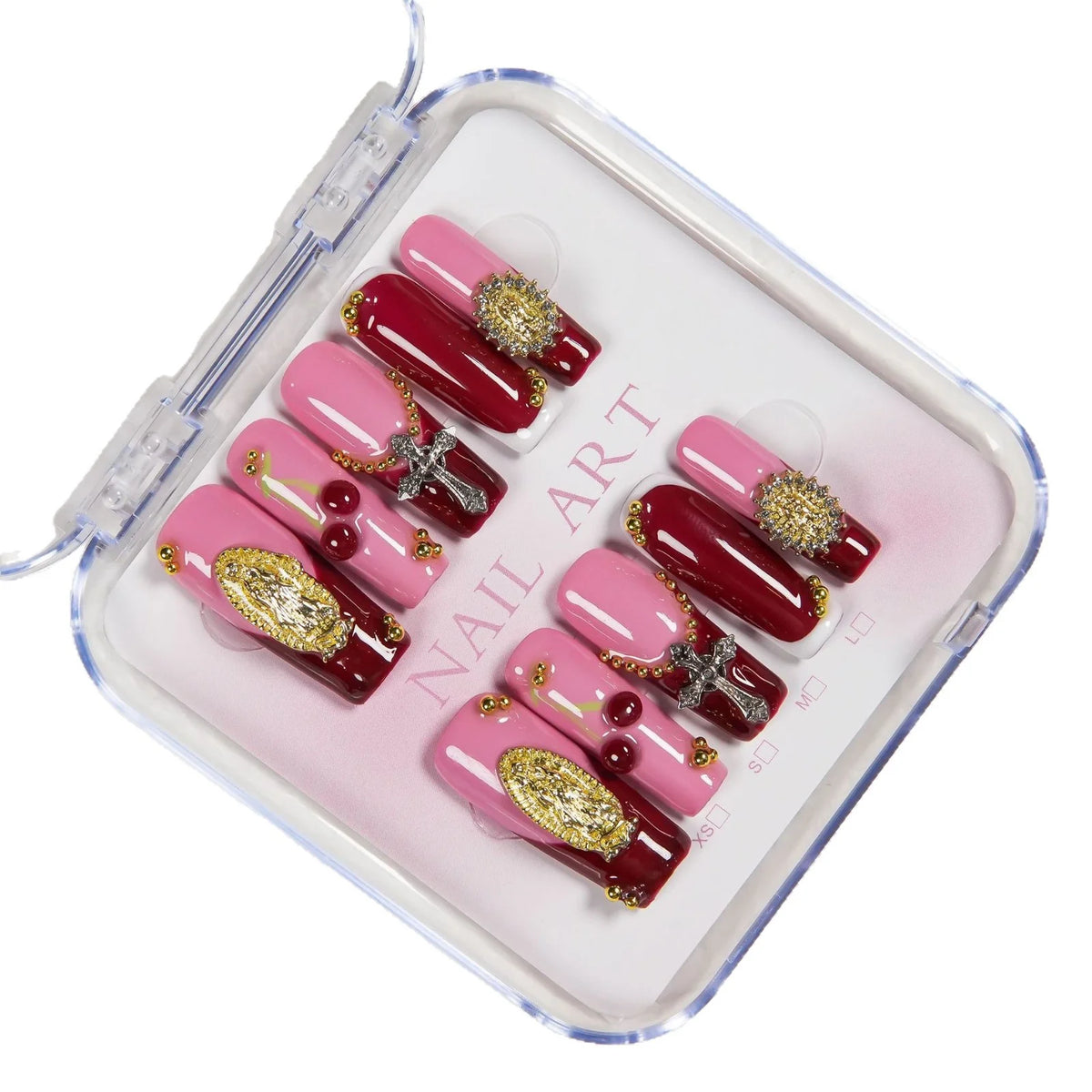 Press-On Nail Set Gold Embellishments Pink & Burgundy