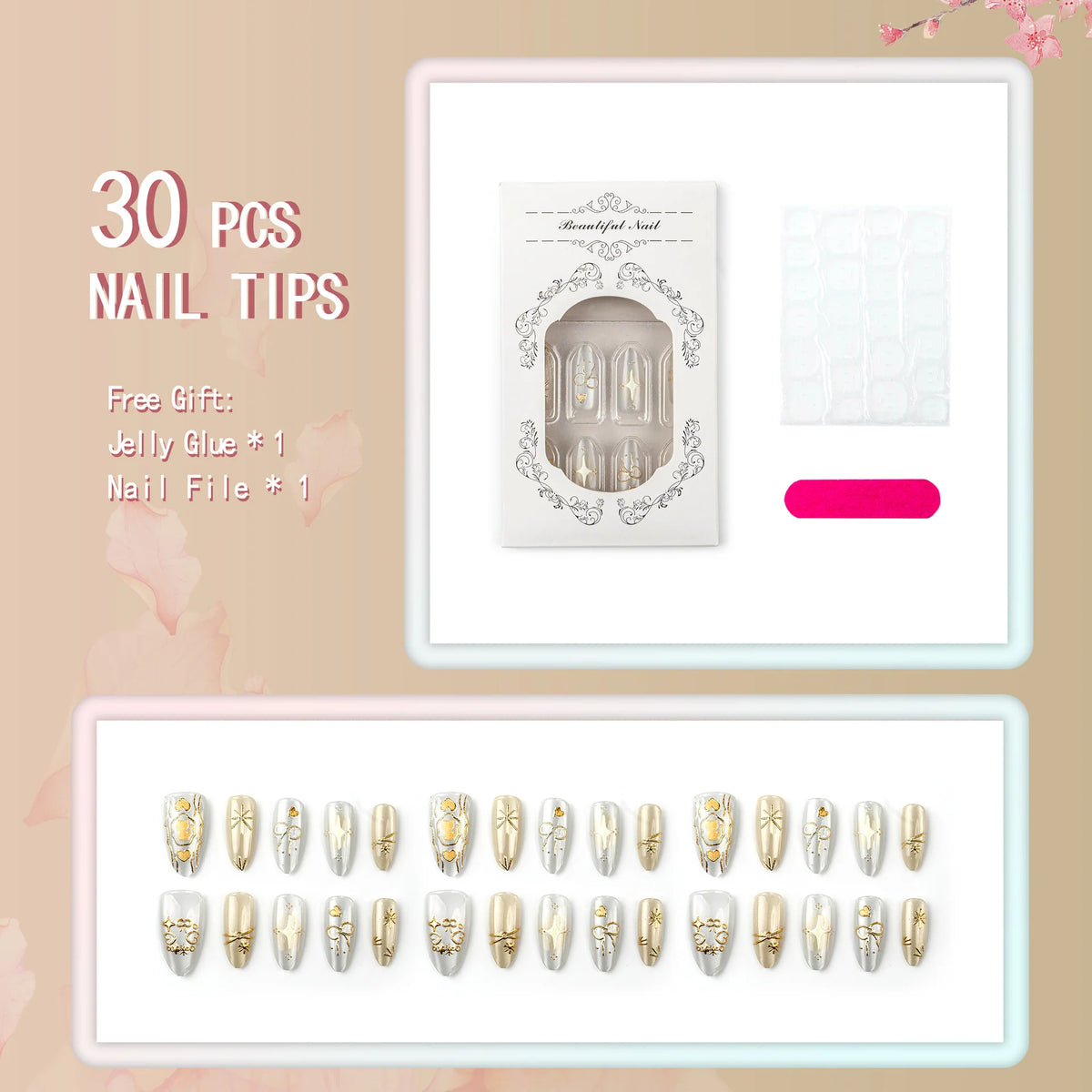 Press-On Nail Set Gold-Embossed Durable & Easy Application