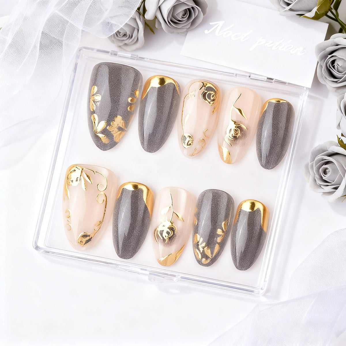 Press-On Nail Set Gold Floral Comfort Fit & Easy Application