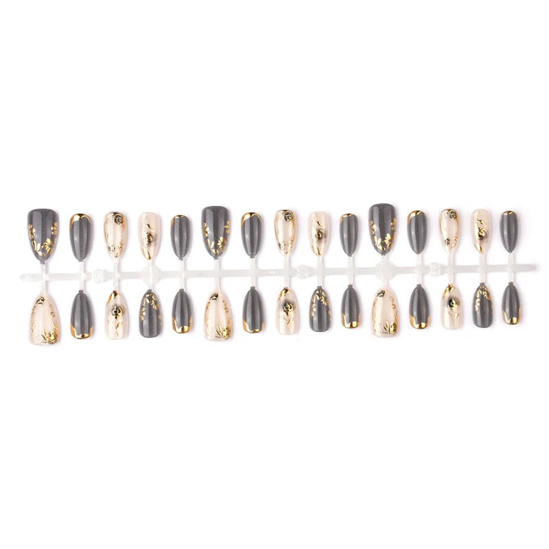 Press-On Nail Set Gold Floral Comfort Fit & Easy Application