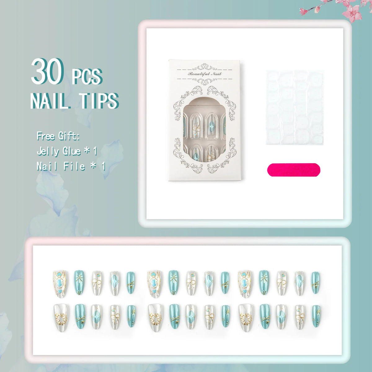 Press-On Nail Set Gold Foil Quick Apply & Reusable