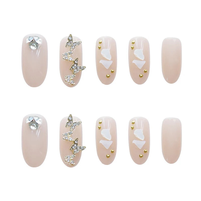 Press-On Nail Set Gold Gem-Accented Glue-Free