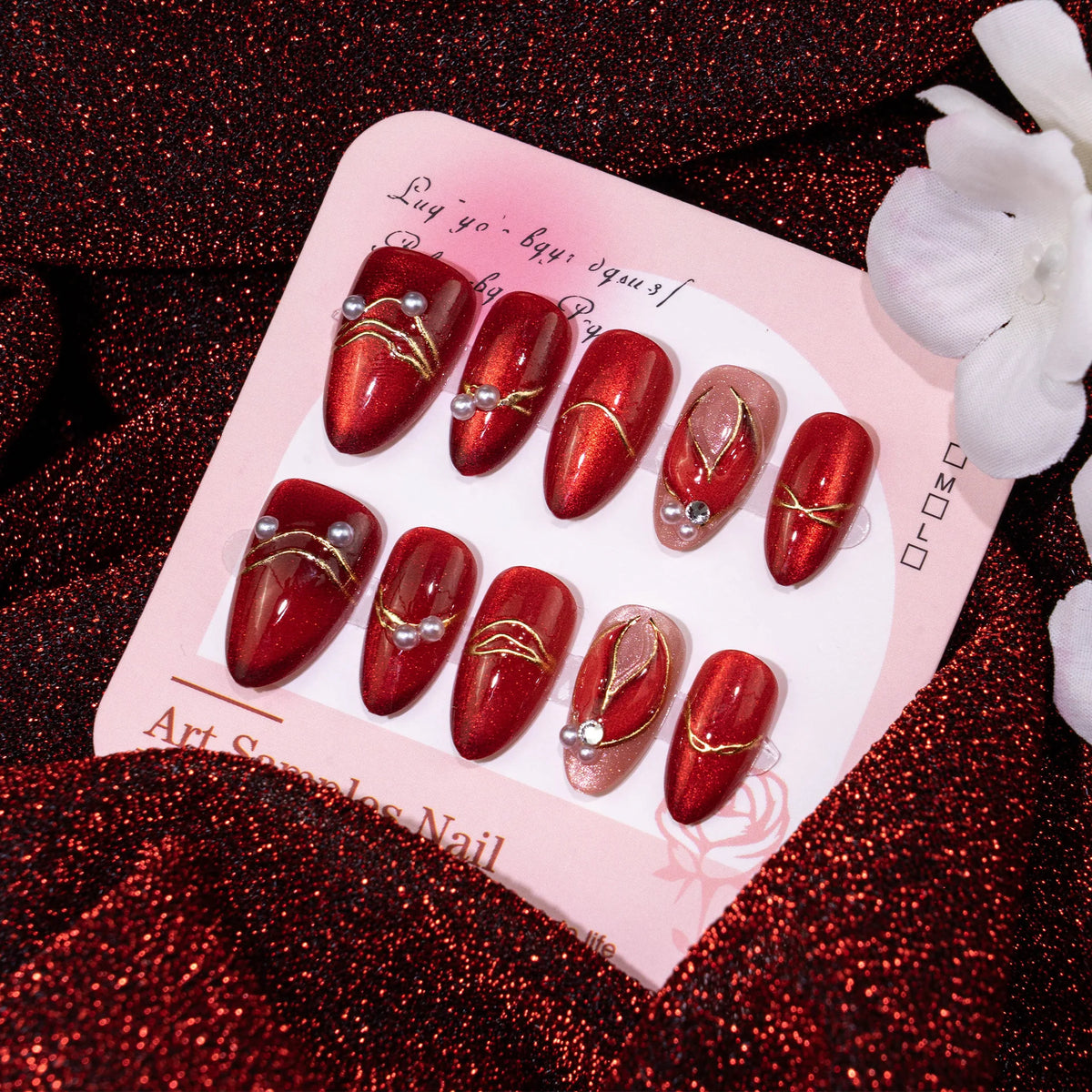 Press-On Nail Set Gold & Pearl Accents Long-Lasting Wear