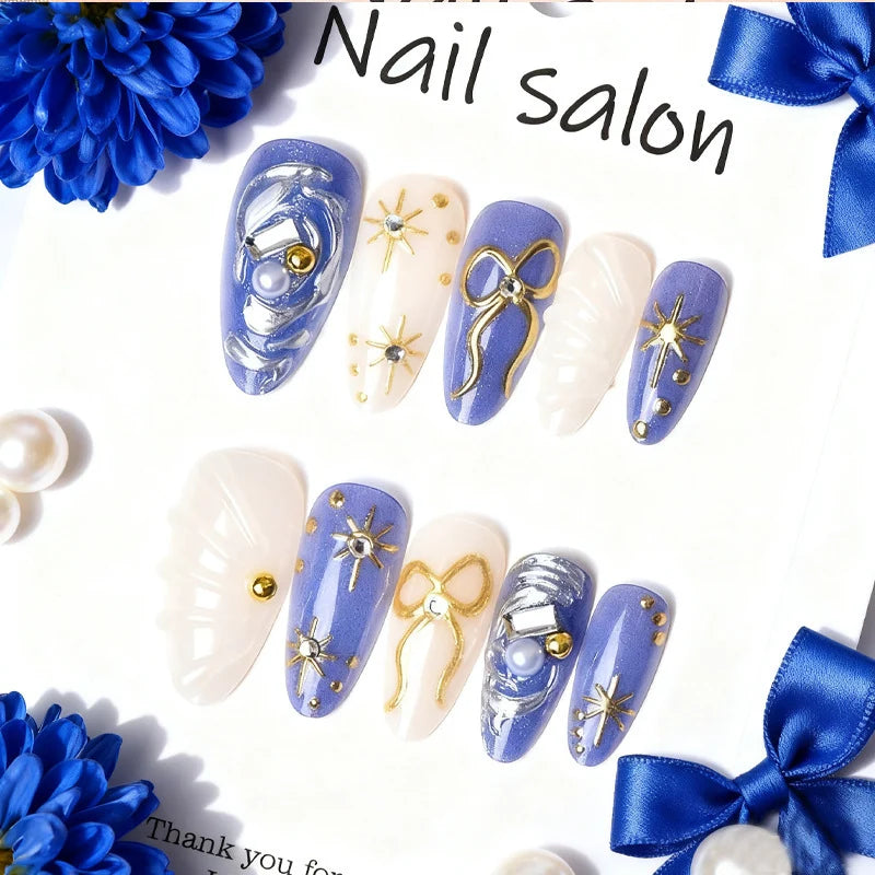 Press-On Nail Set Gold & Pearl Accents Reusable