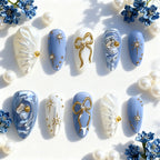 Press-On Nail Set Gold & Pearl Accents Reusable
