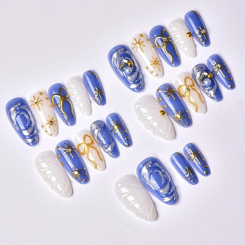 Press-On Nail Set Gold & Pearl Accents Reusable
